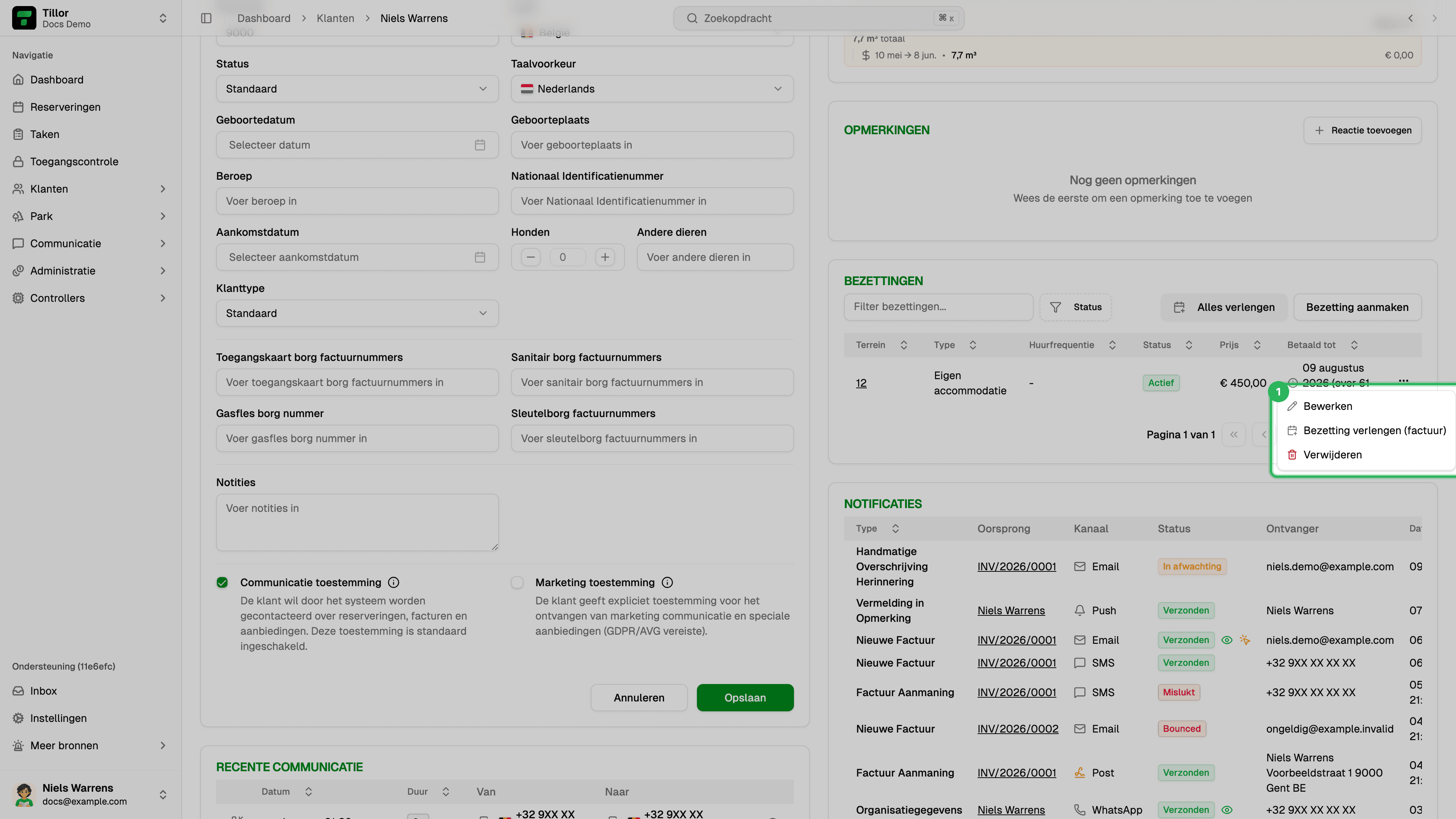 Bezetting actiemenu - Bewerken, Verlengen, Verwijderen