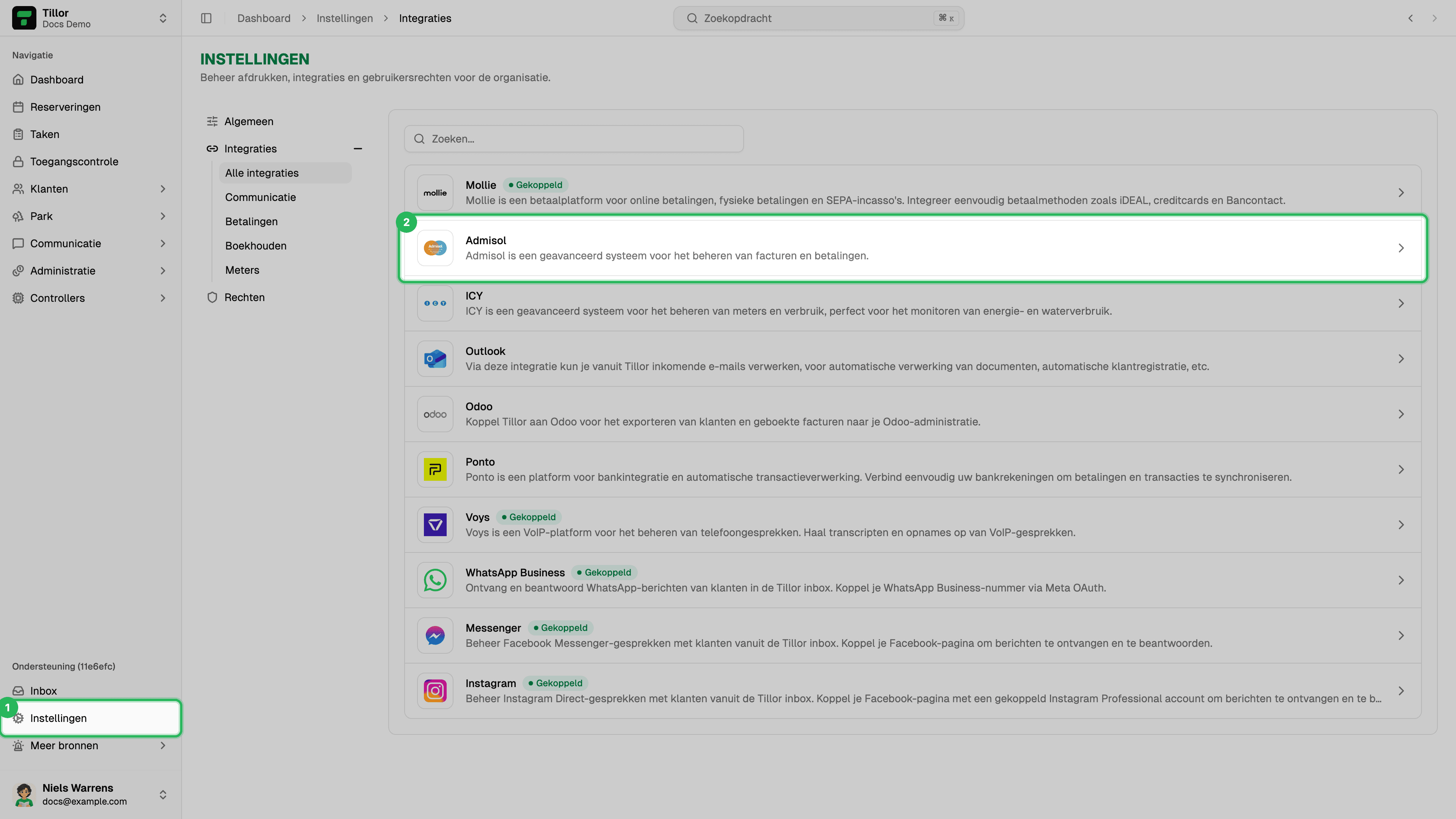 Instellingen > Integraties - Admisol in de lijst