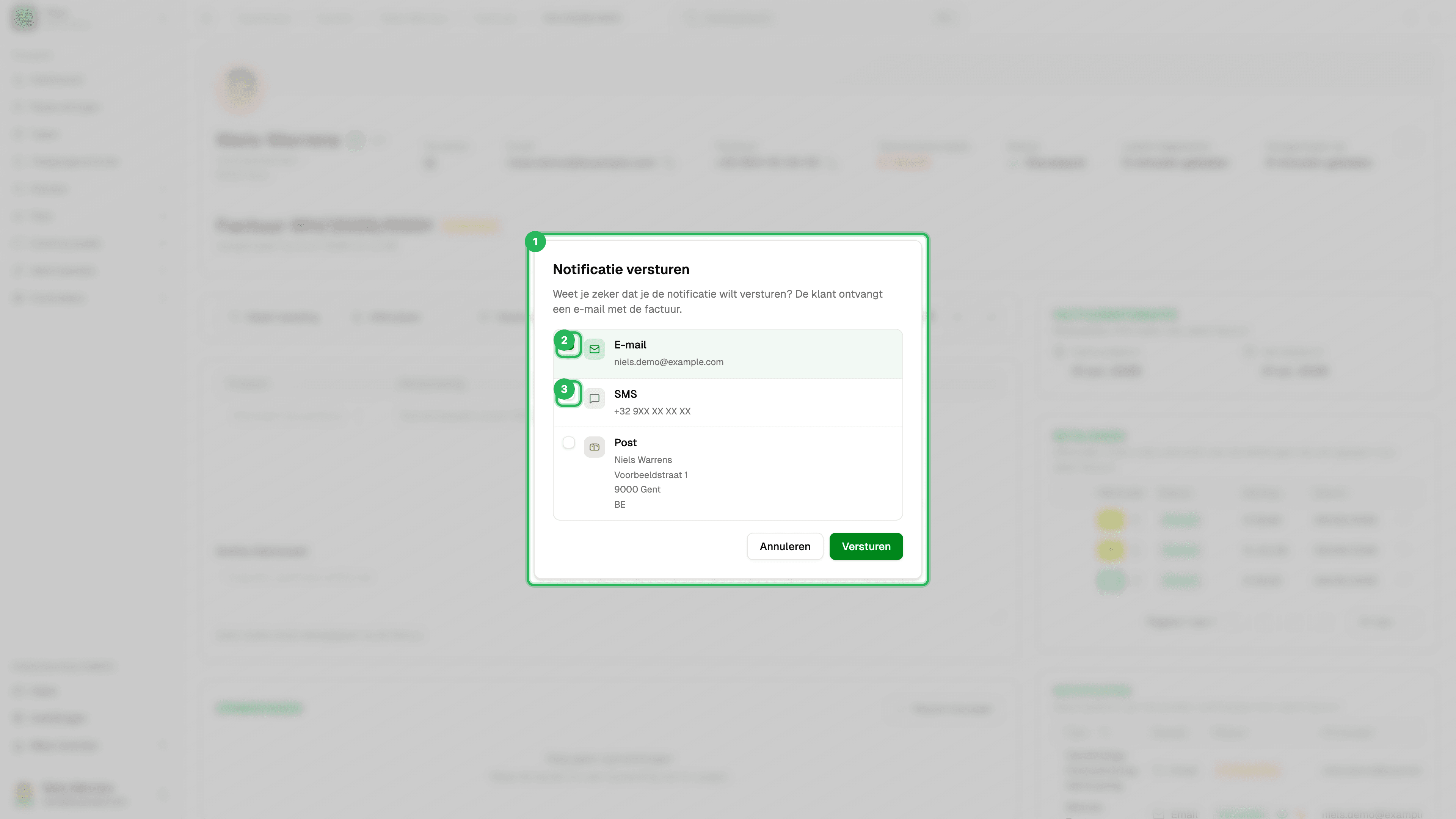Notificatie versturen - kanaal kiezen op factuur