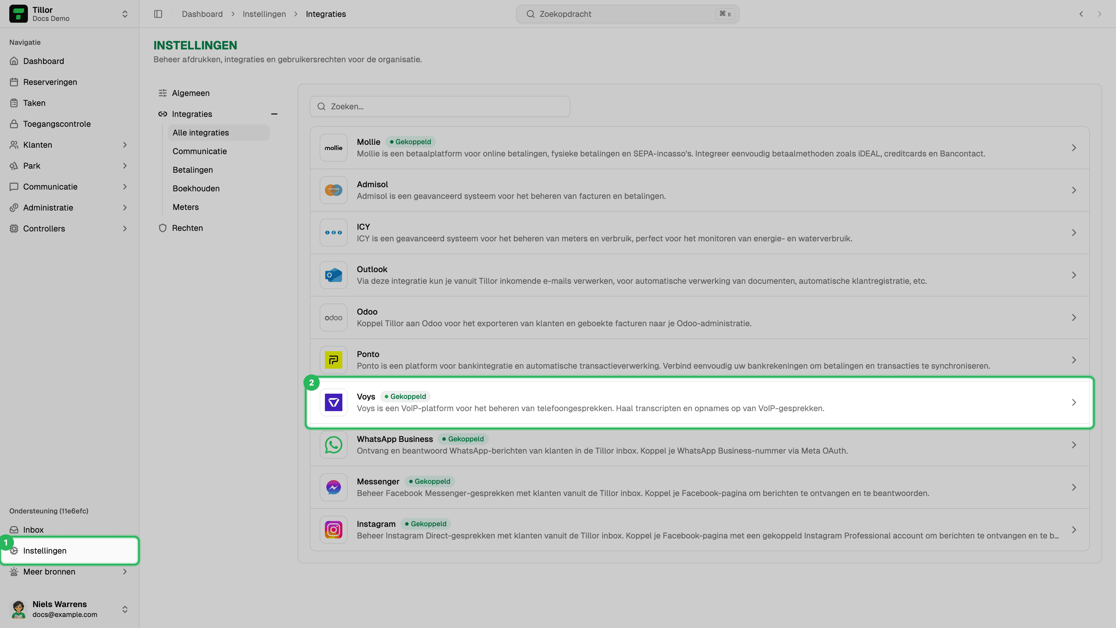 Instellingen - integratiesoverzicht