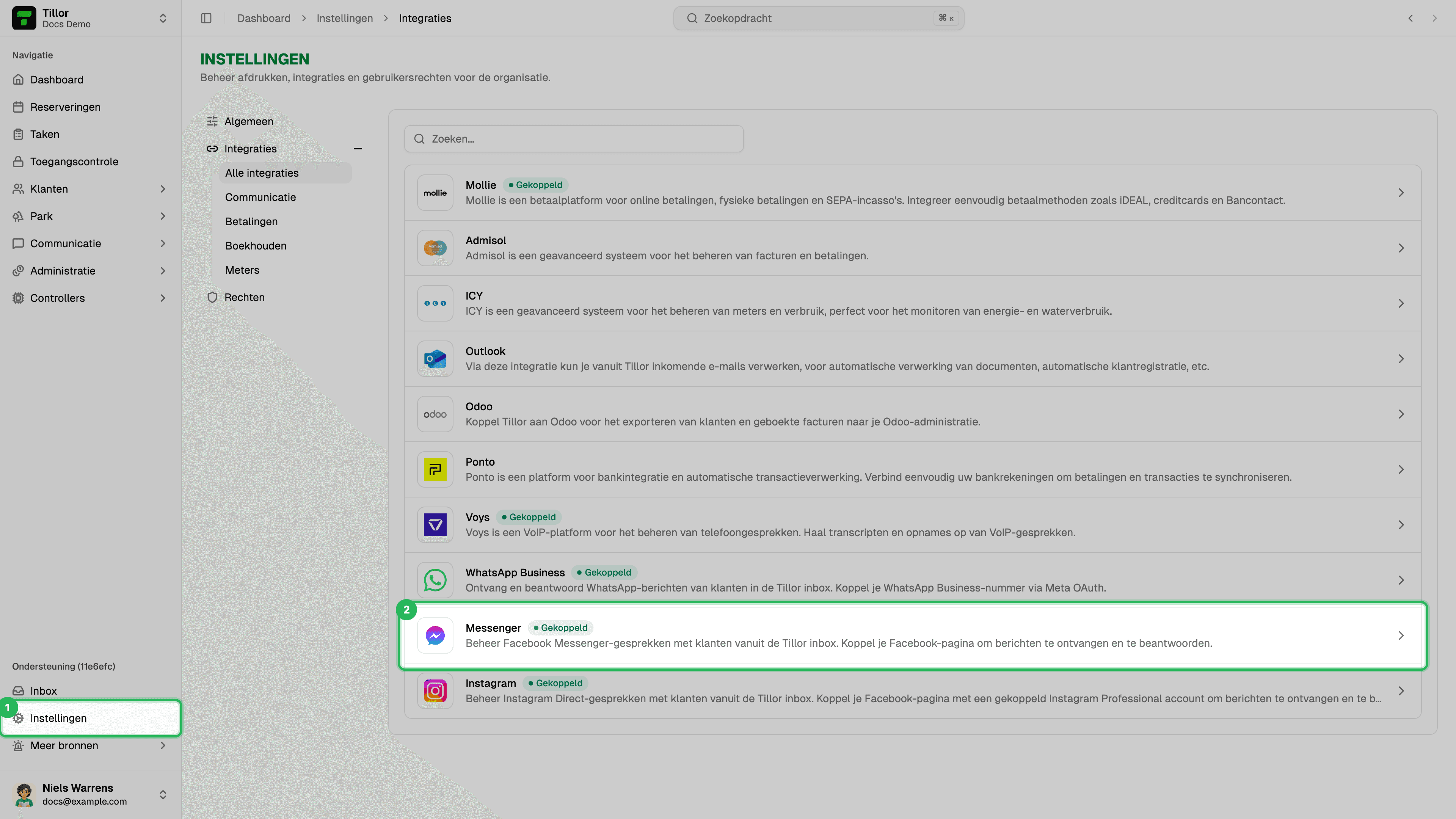 Instellingen > Integraties — Messenger in de lijst