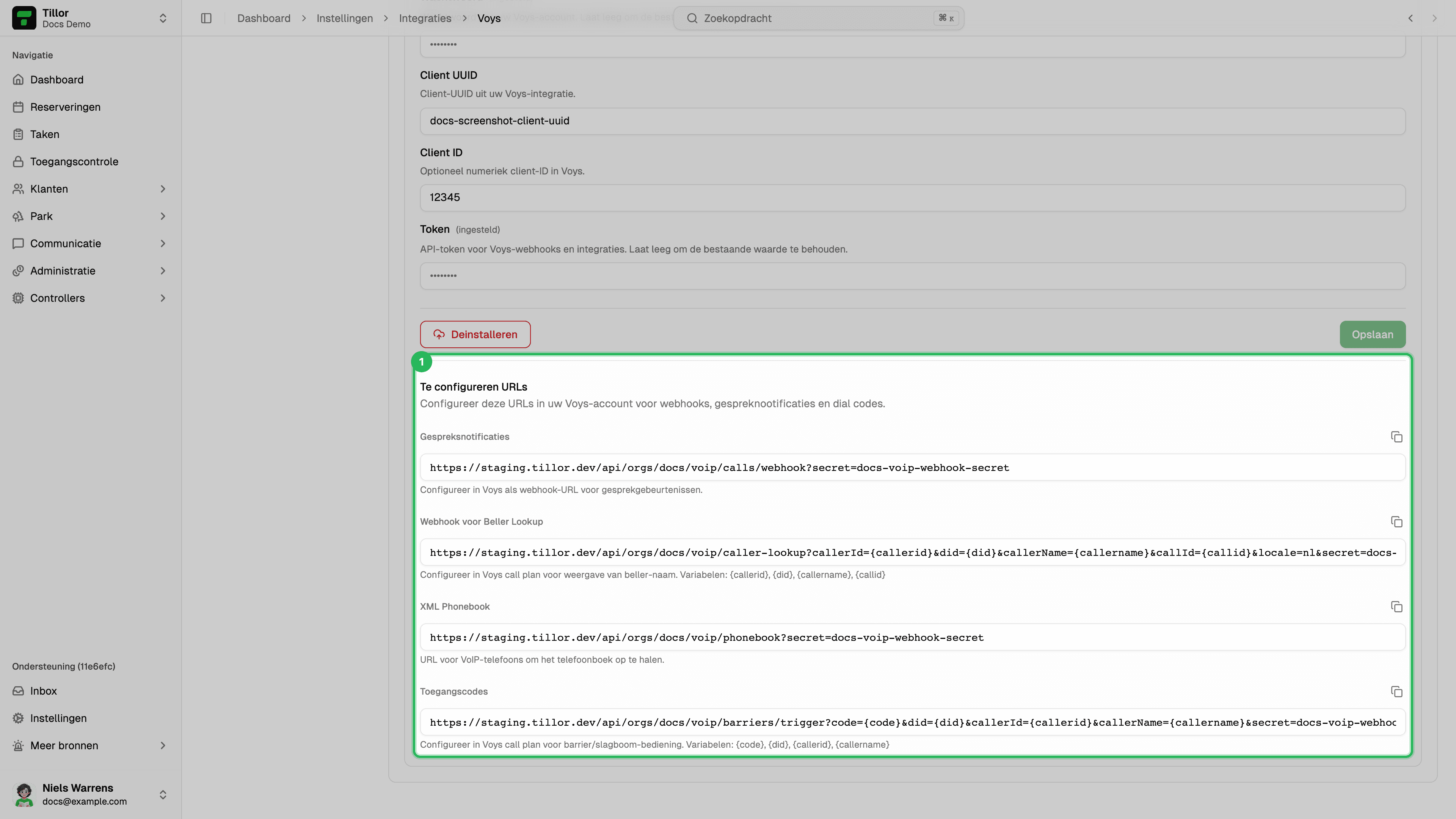 Voys detail - Te configureren URLs op de pagina