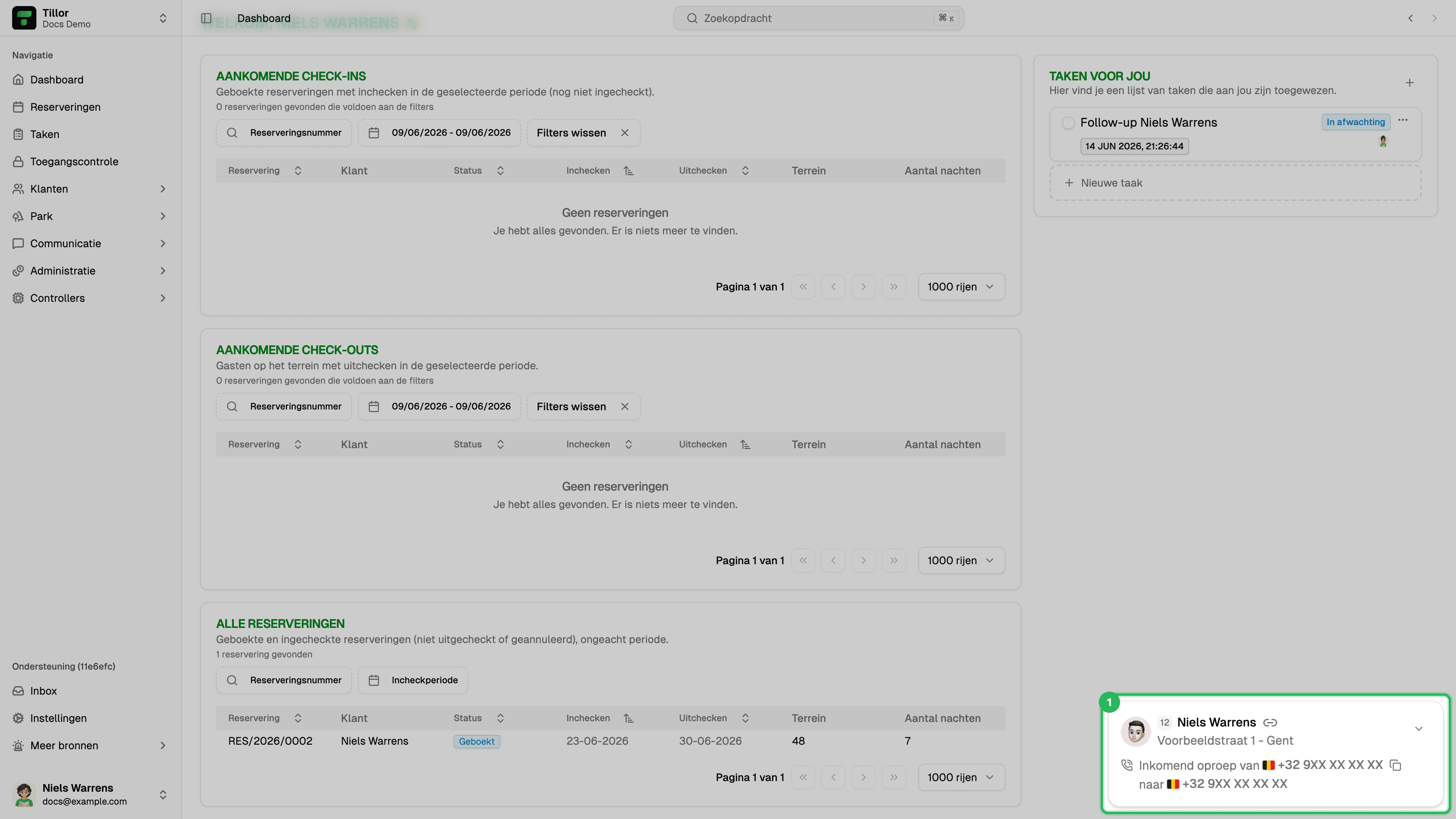 Inkomend gesprek op het dashboard