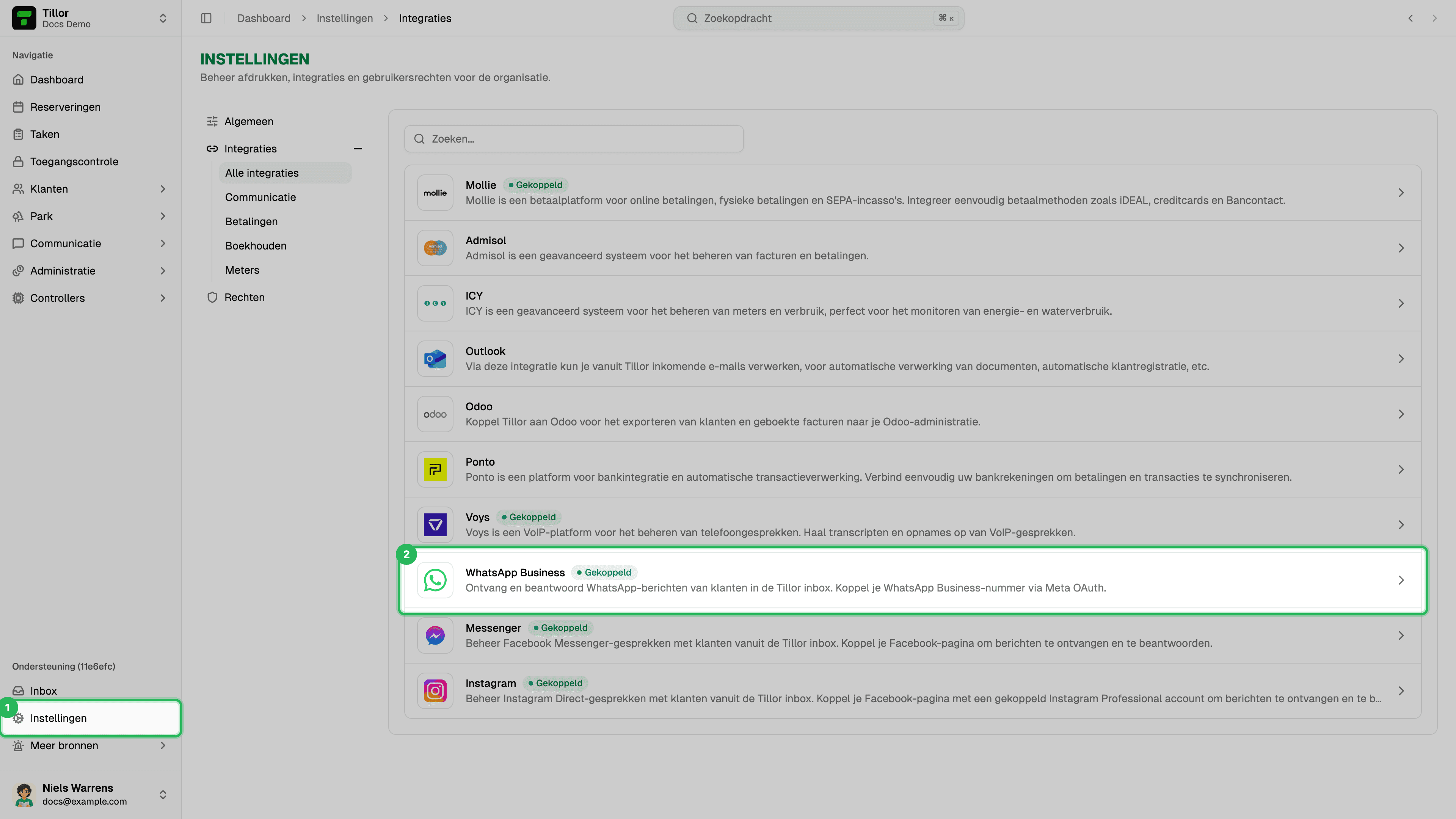 Instellingen > Integraties — WhatsApp Business in de lijst