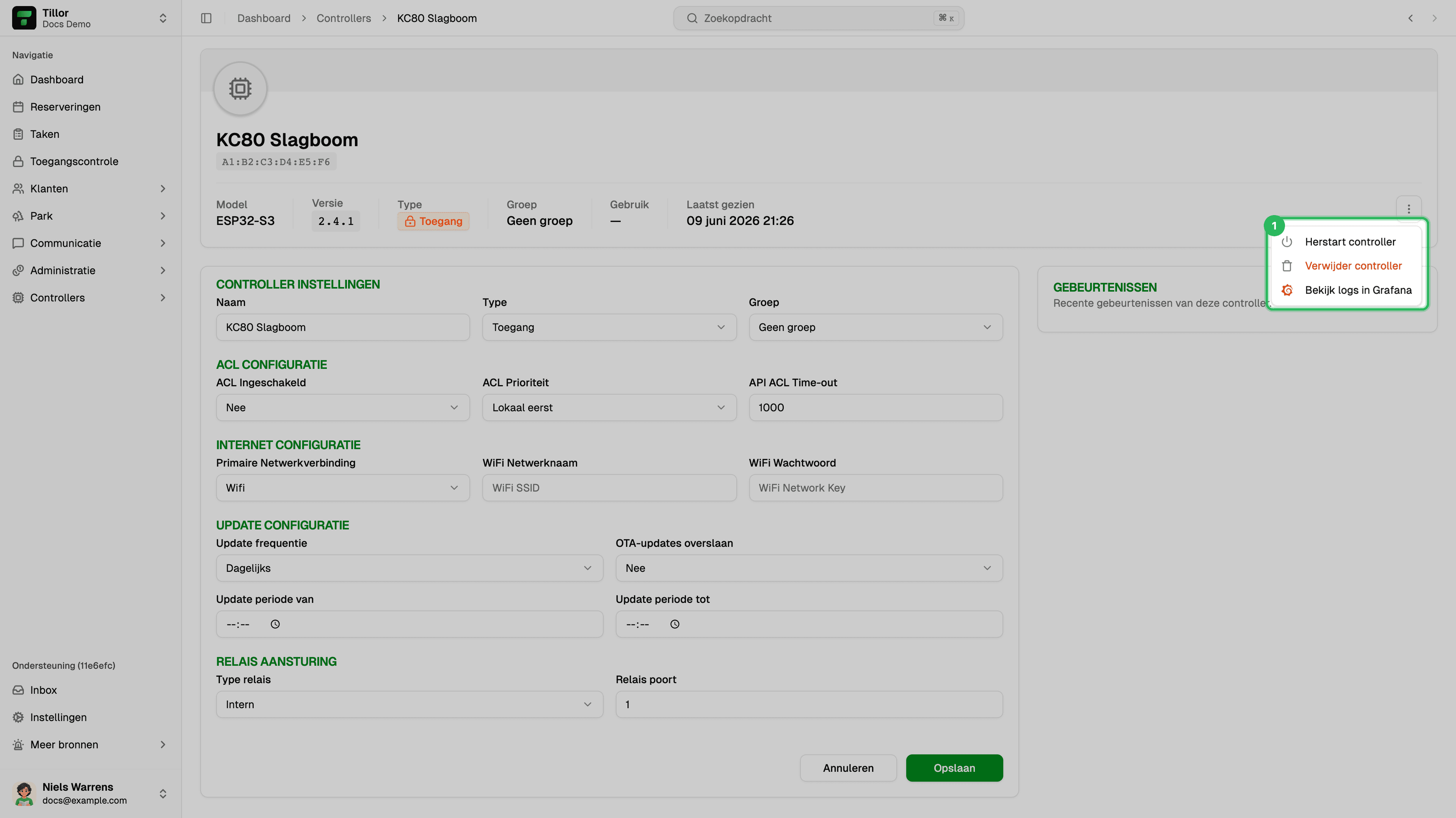 Actiemenu controller - Herstart controller