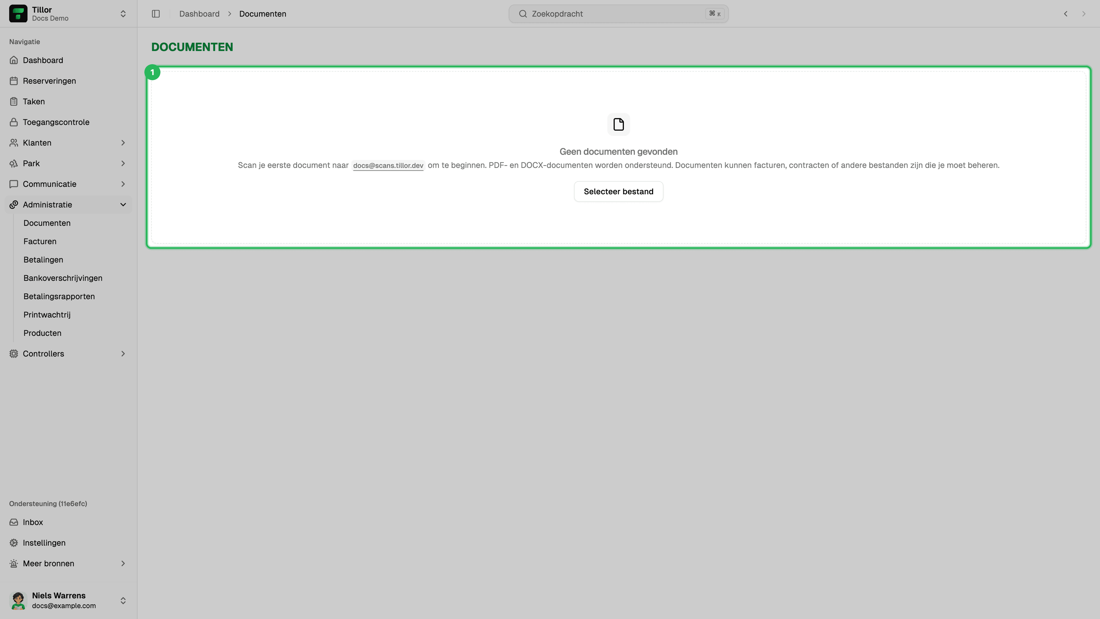 Centrale documentenlijst met uploadzone