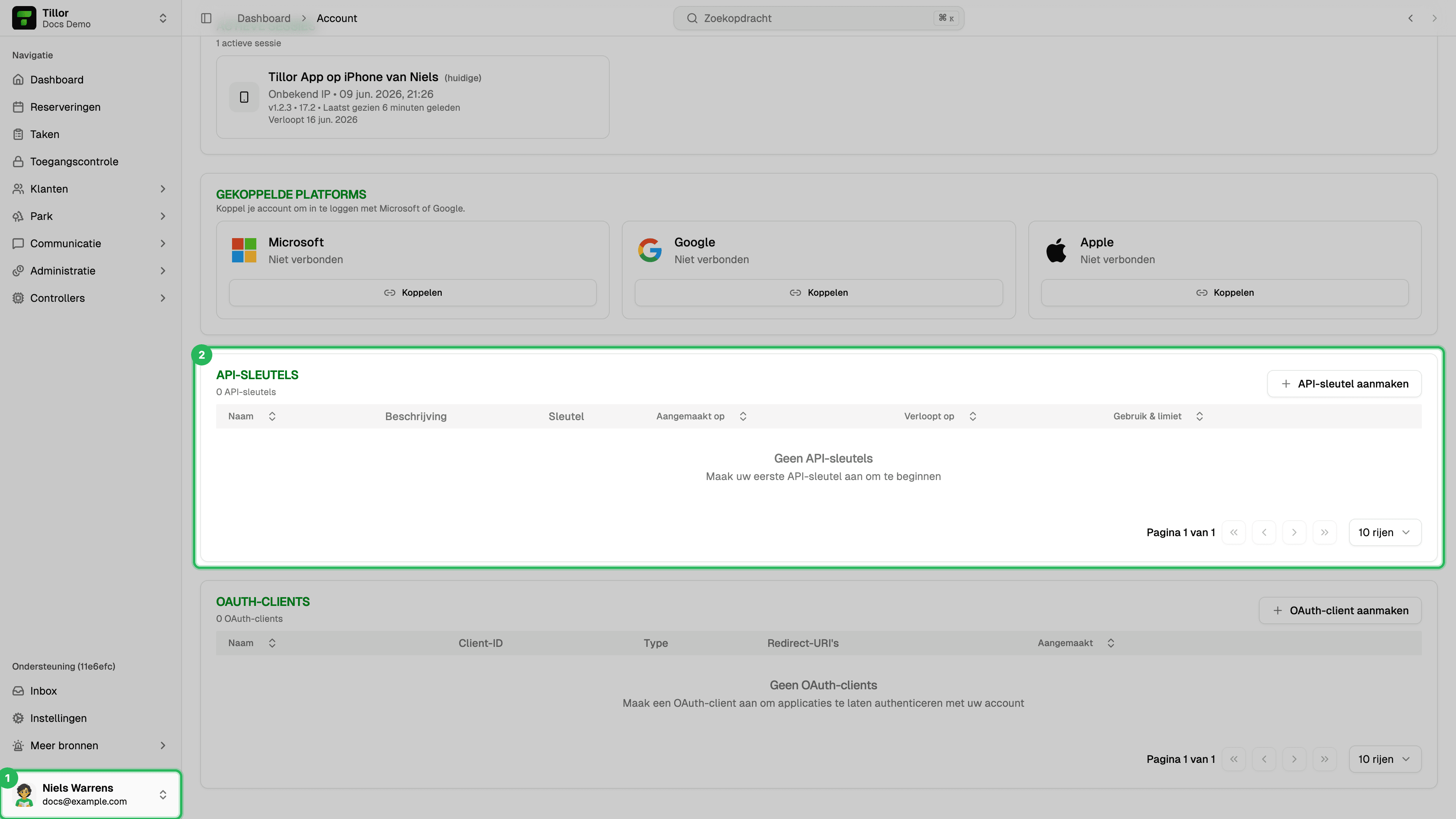 Account - API-sleutels sectie