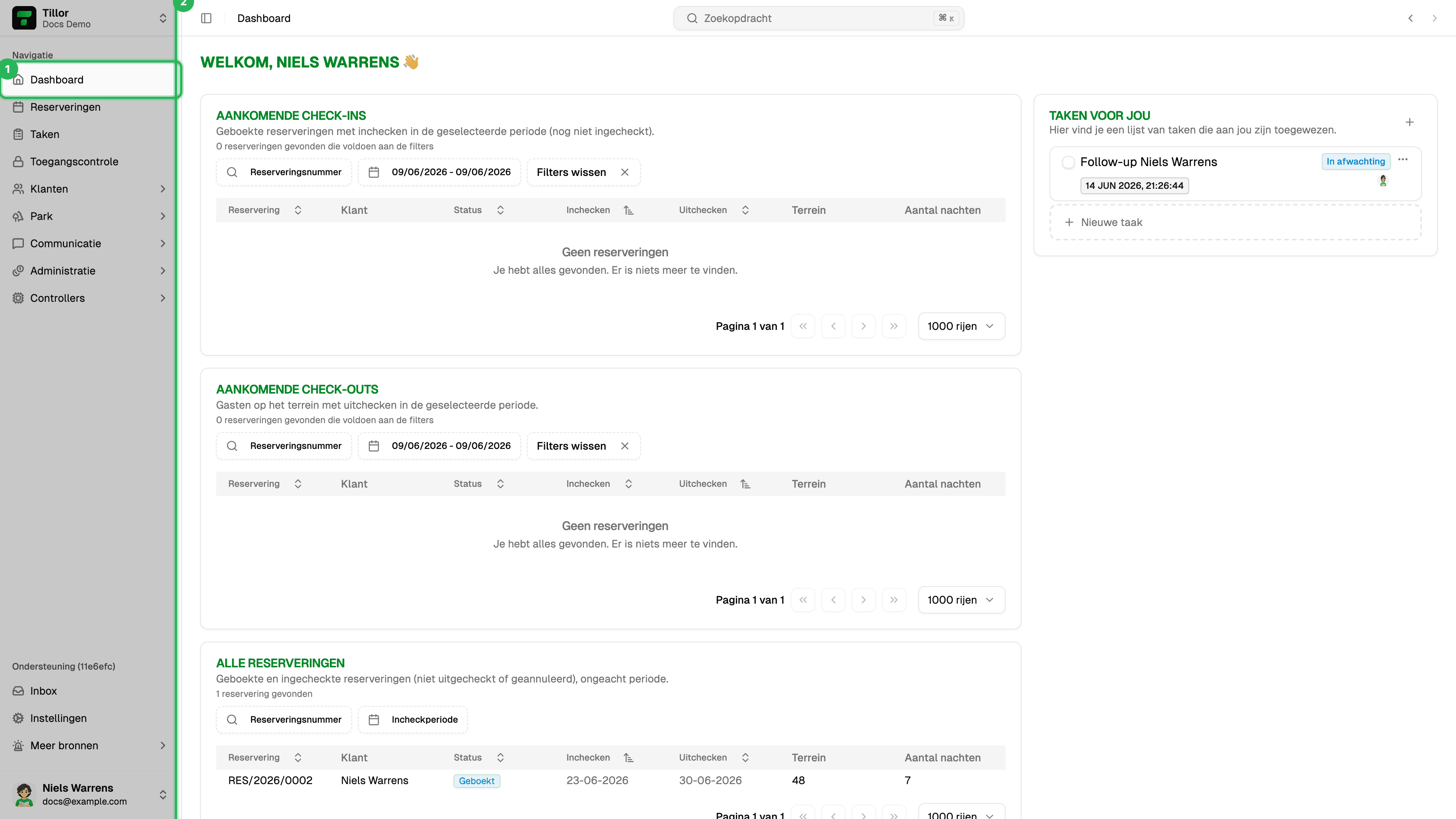 Dashboard - startscherm na inloggen