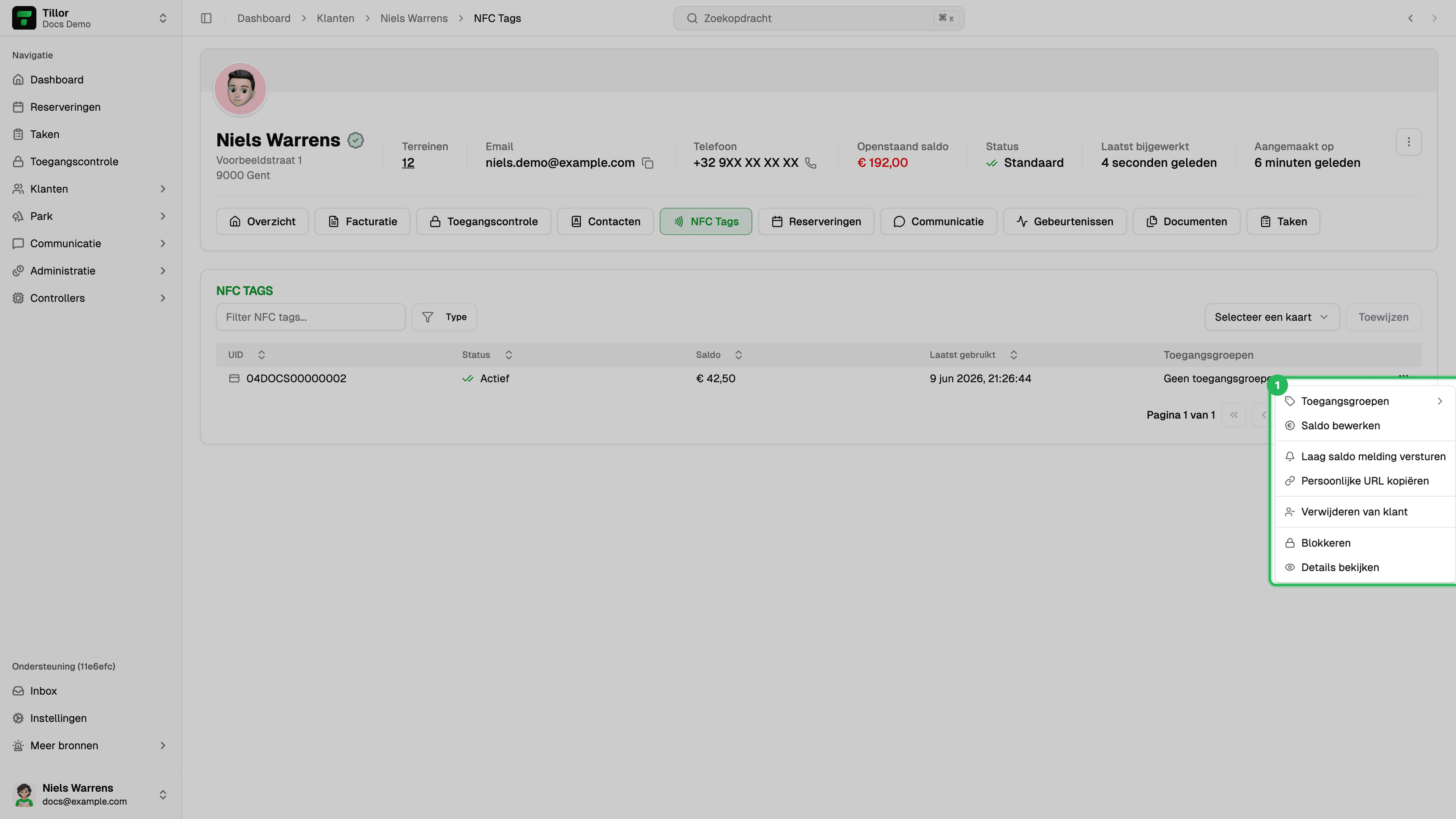 NFC-tag actiemenu - Saldo bewerken, Blokkeren, Toegangsgroepen, Verwijderen