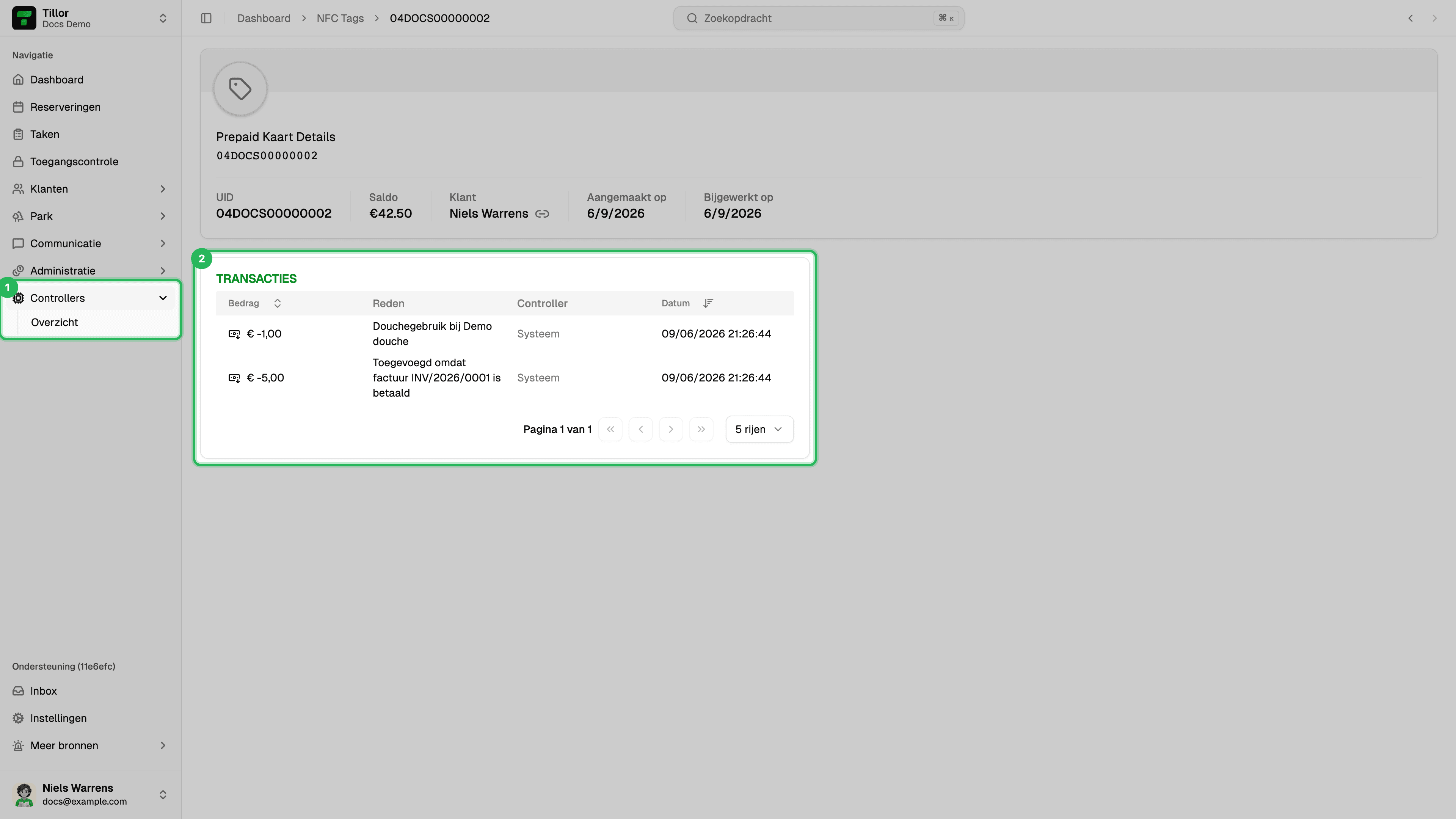 NFC-tag detail met transacties