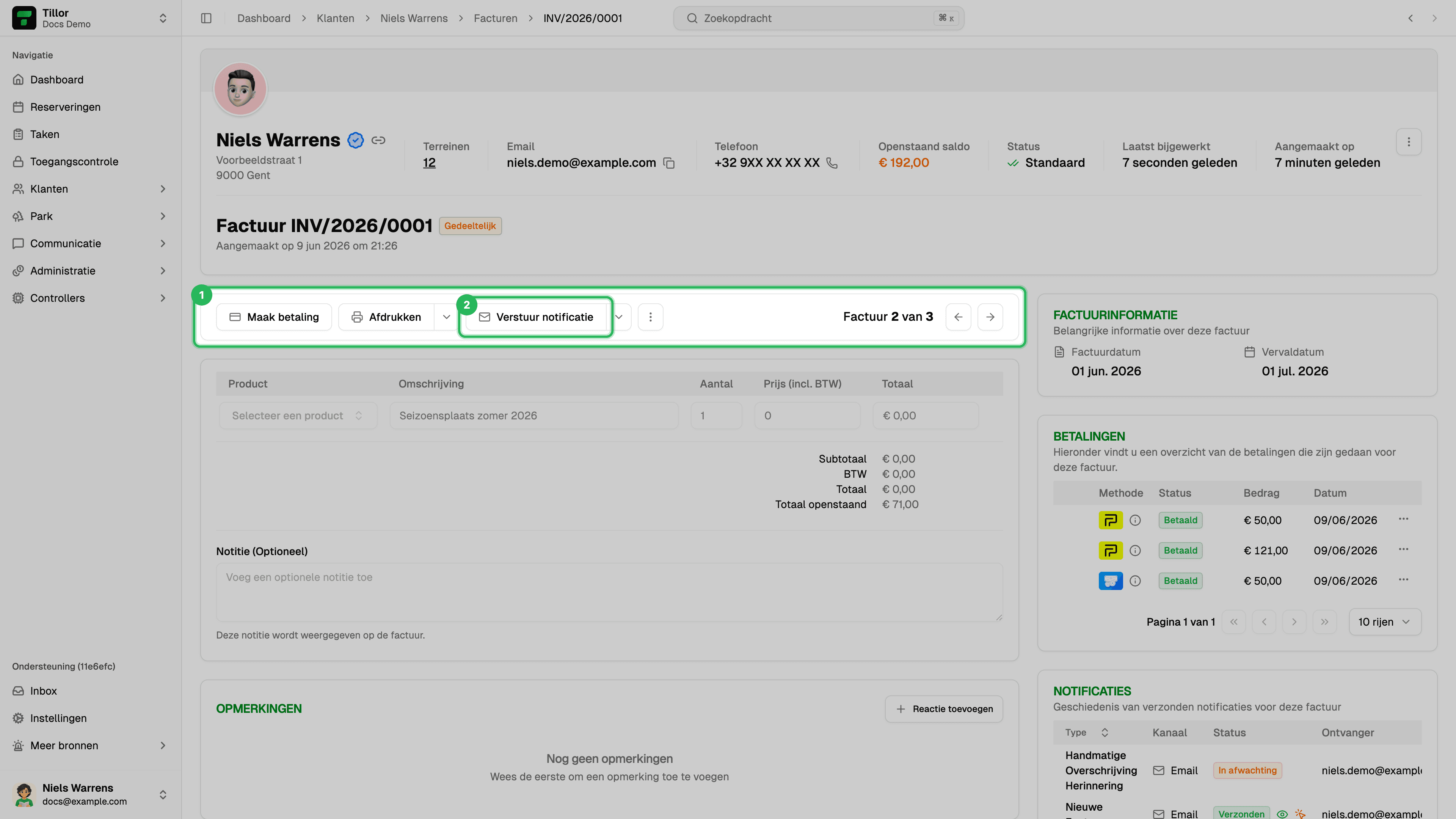 Geboekte factuur - Verstuur notificatie op de actiebalk
