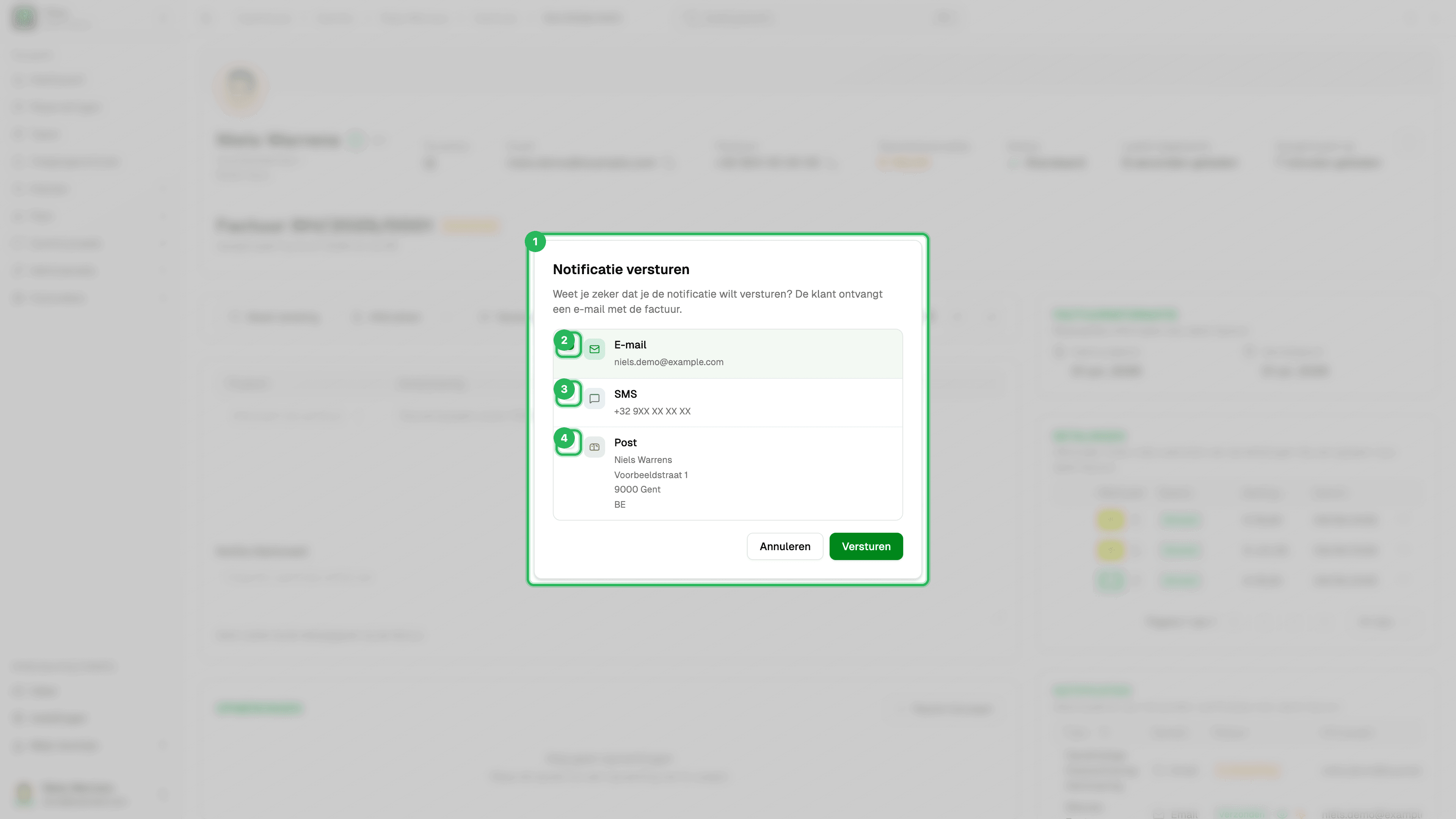 Notificatie versturen - E-mail, SMS en Post kiezen