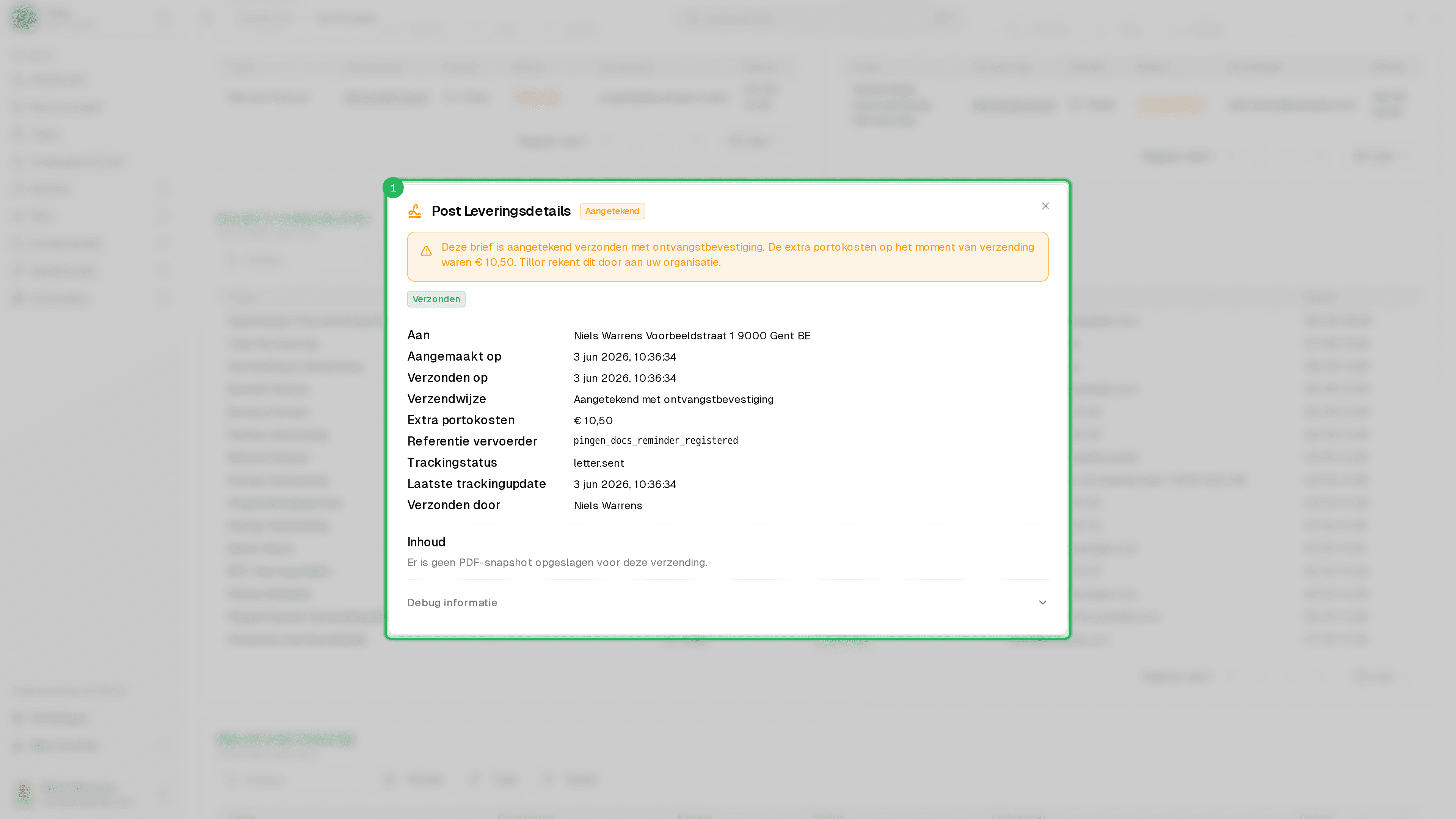 Post leveringsdetails — aangetekende aanmaning
