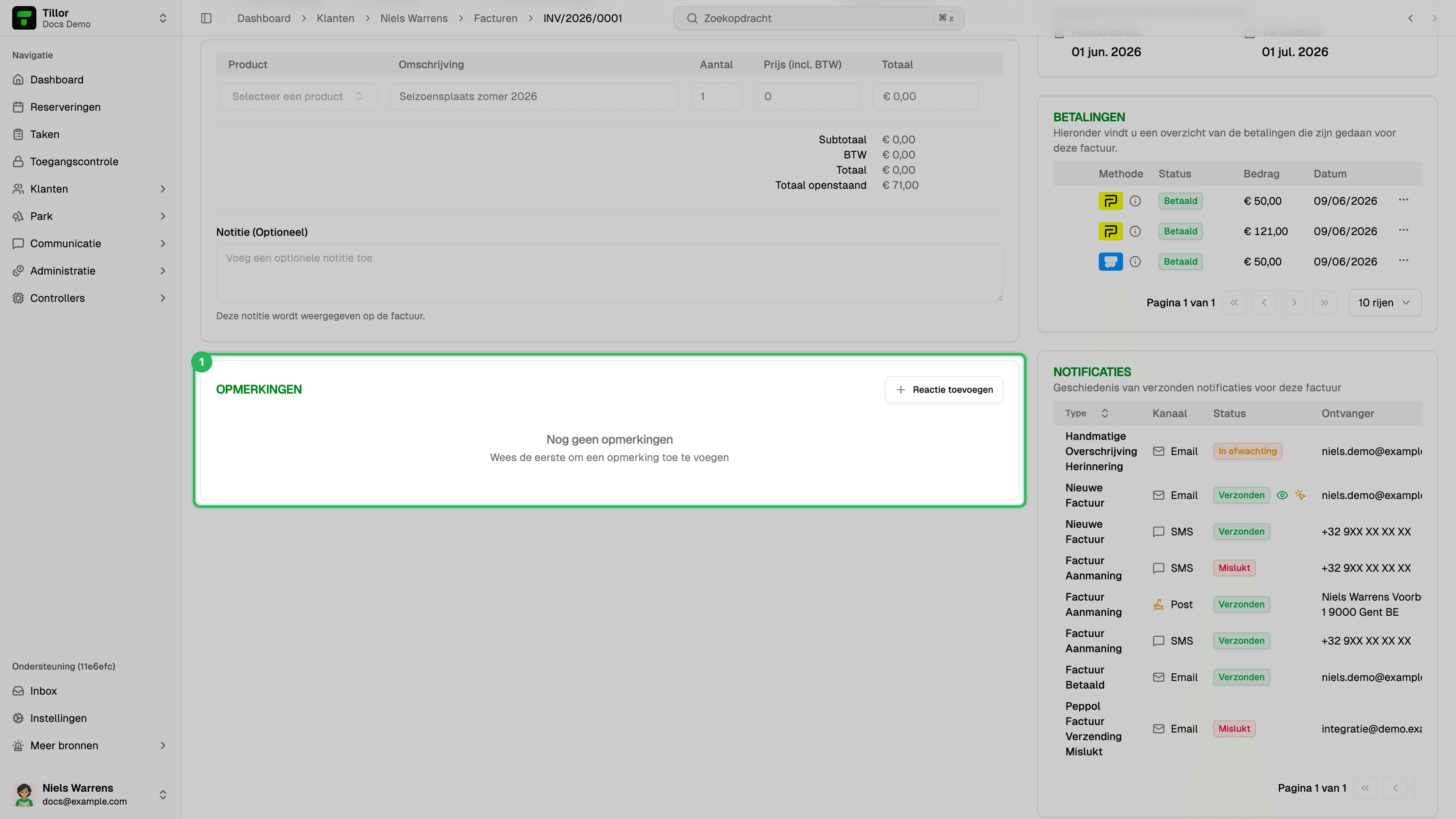 Opmerkingenkaart op factuurdetail