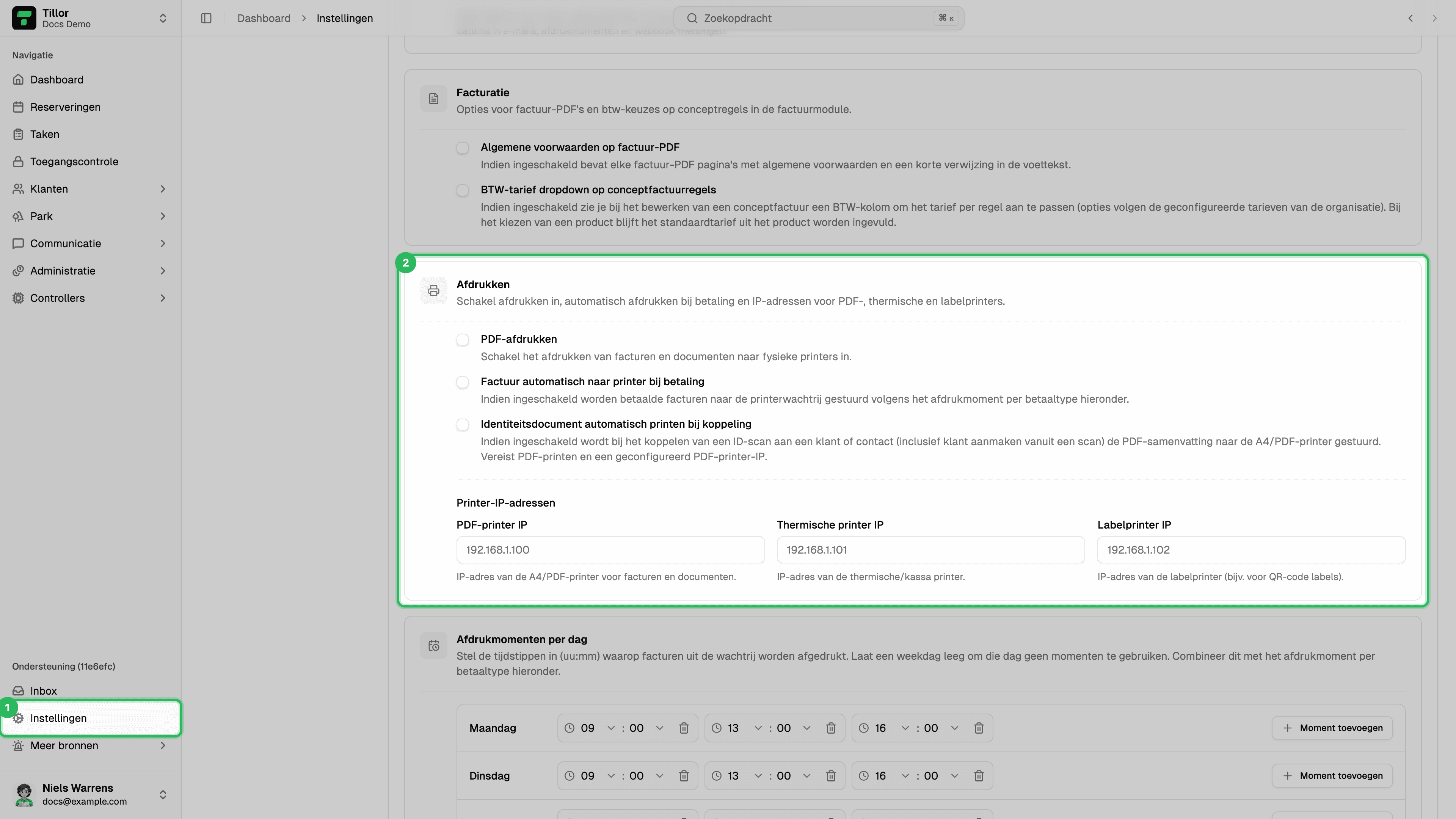 Instellingen > Algemeen - sectie Afdrukken