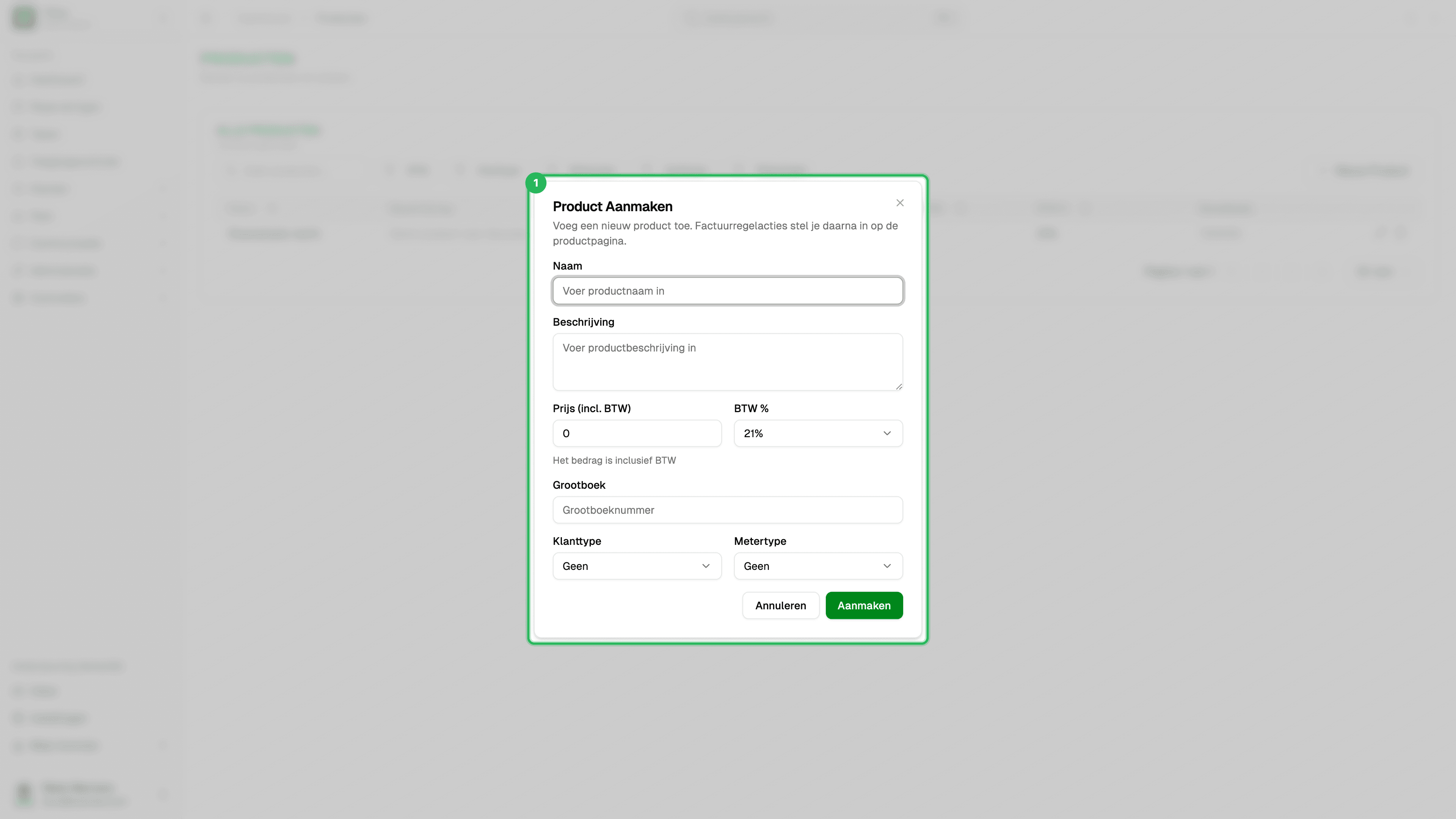 Dialoog Product aanmaken met basisvelden