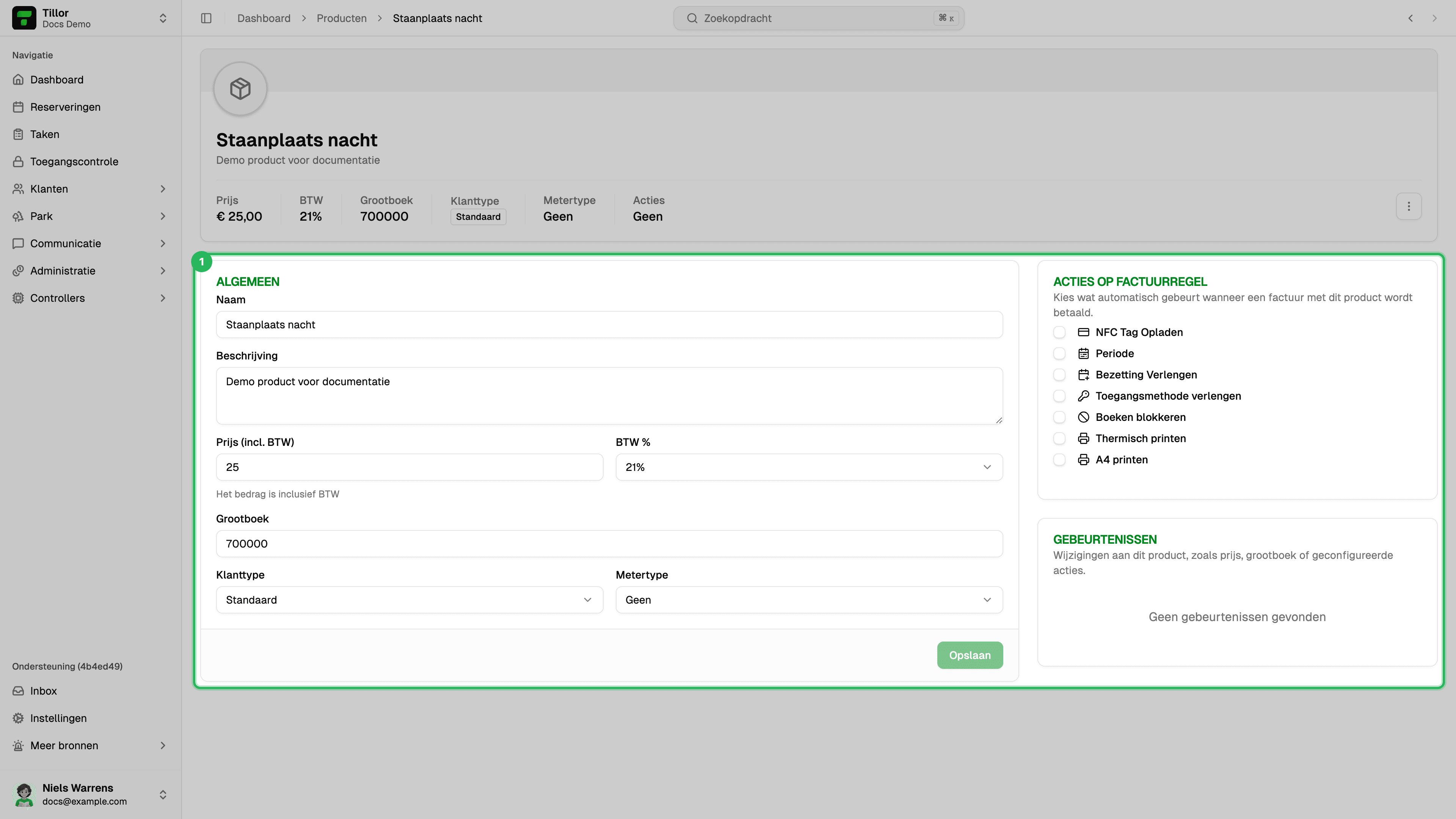 Productdetailpagina met Algemeen, Extra factuurregels, Acties op factuurregel en Gebeurtenissen