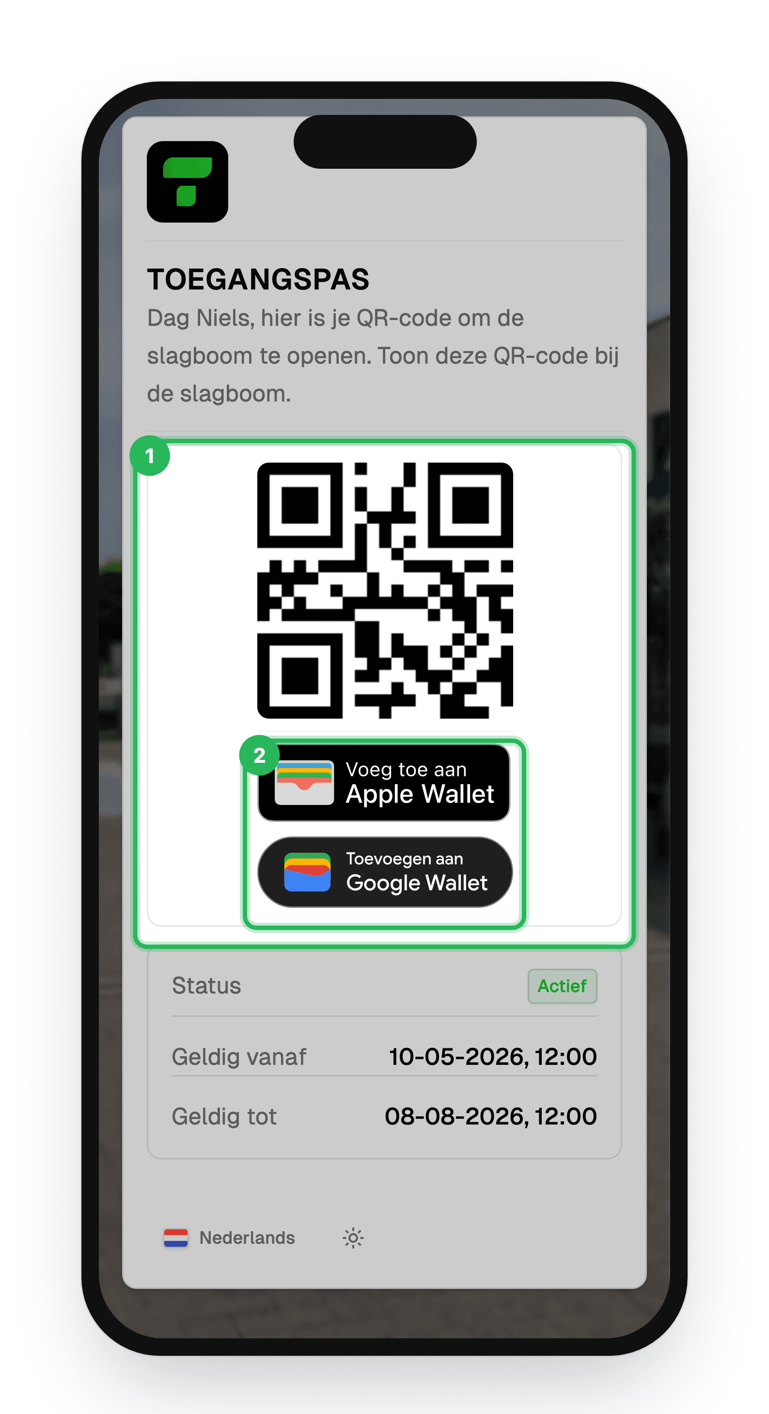 Gastpagina Toegangspas met QR-code, Voeg toe aan Apple Wallet en Toevoegen aan Google Wallet