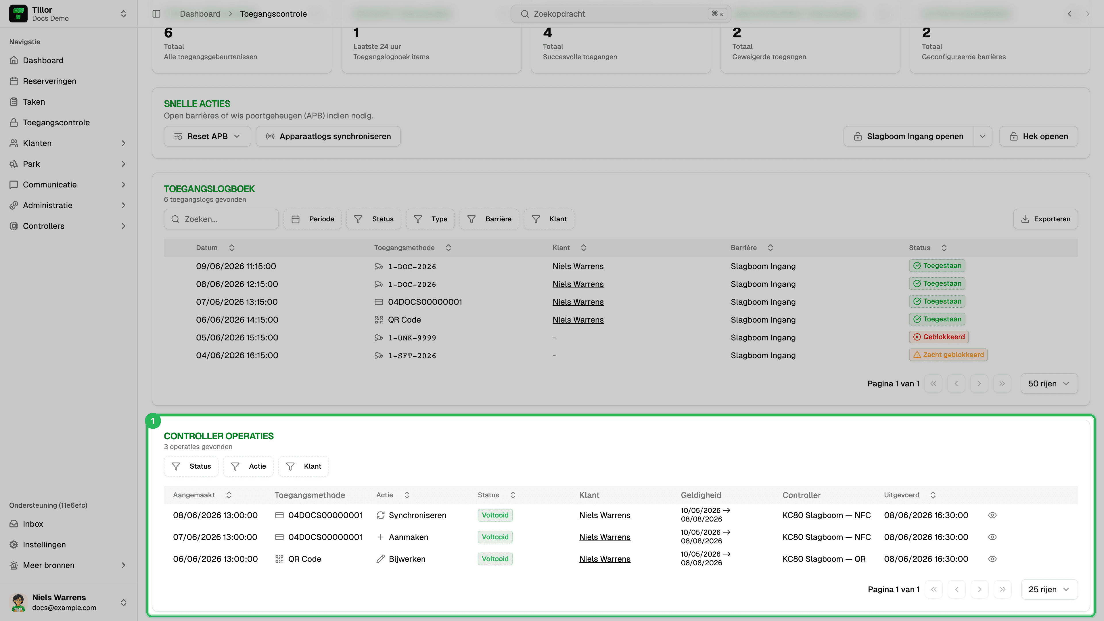 Controller Operaties met synchronisatie en whitelist-acties