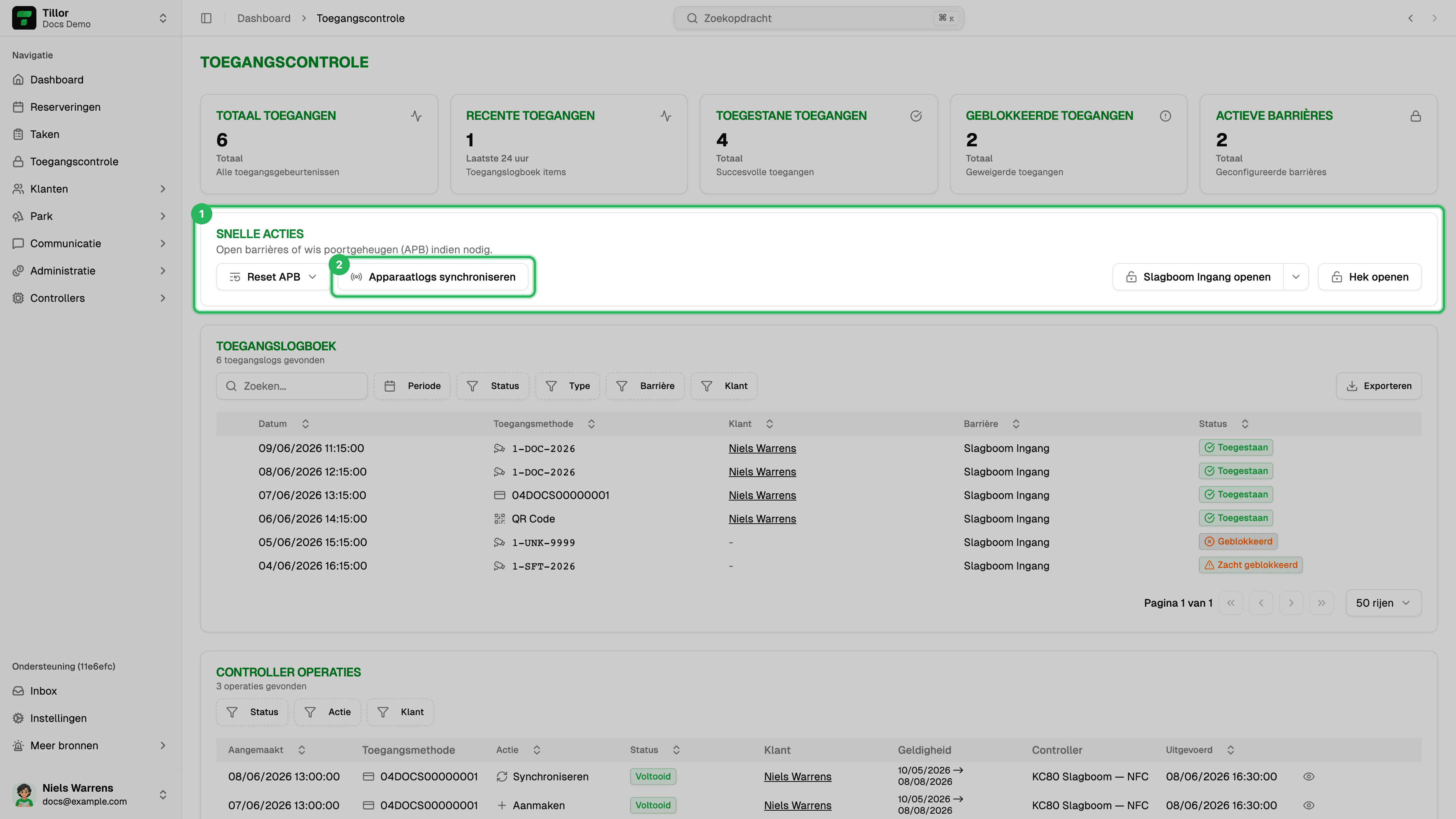Snelle acties - barrières en Apparaatlogs synchroniseren